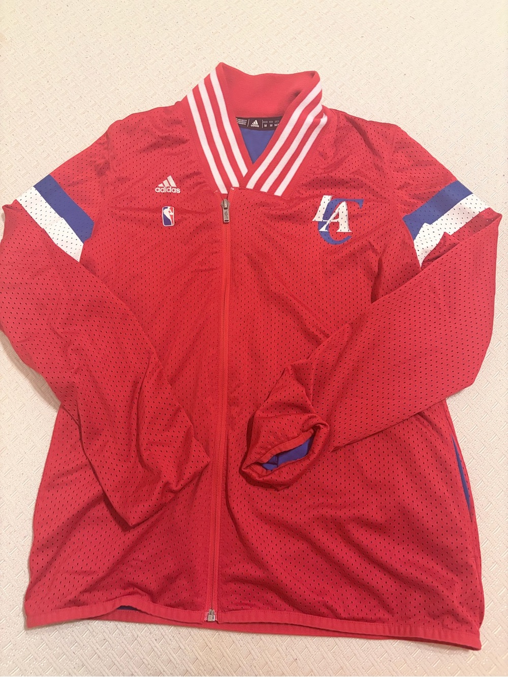 adidas Women Red LA Basketball Puffer Jacket with Blue & White Accents
